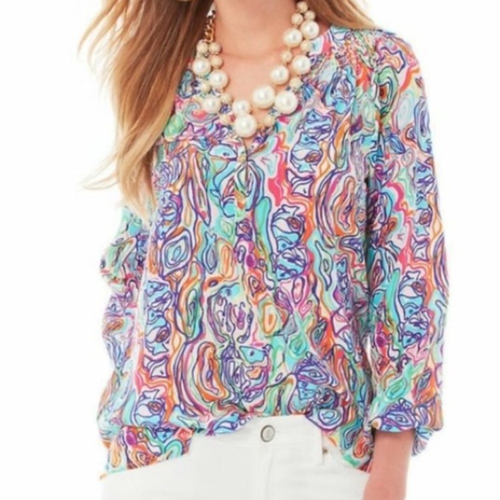 Lilly Pulitzer Elsa Blouse What a Catch Multicolor Silk Womens Sz XS